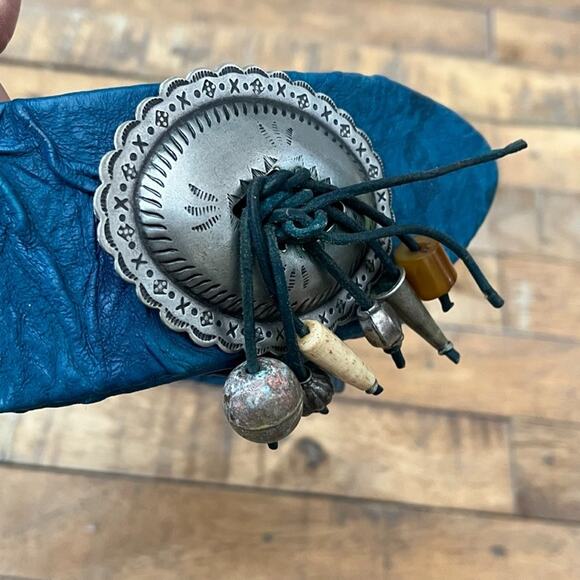 J. Foss Blue Textured Leather Belt Engraved Silver Buckle with charms